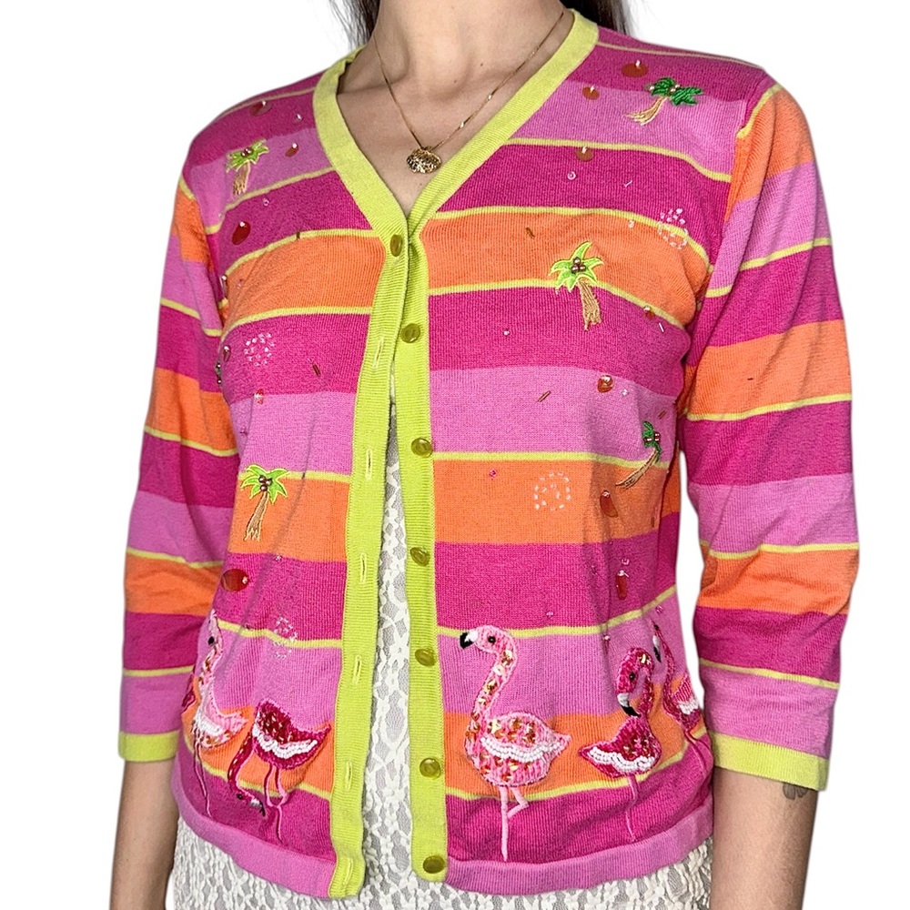Vintage Flamingo Embellished Textured Patch vibrant Striped Cardigan Medium